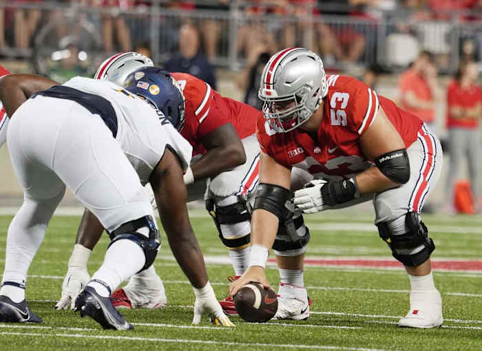 Ohio State Buckeyes offensive lineman Luke Wypler (53) prepares the hike the ball during the Toledo game.